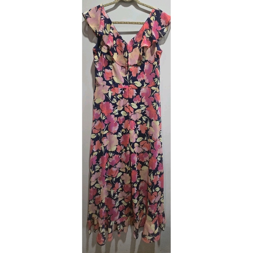 London Times Navy Pink Floral V-Neck Sleeveless Ruffle Chiffon Hi-Low Maxi 10
